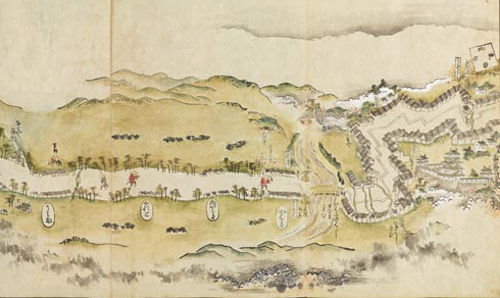 Detail from the printed pictorial map Tōkaidō bunken no zu, by Ochikochi Dōin