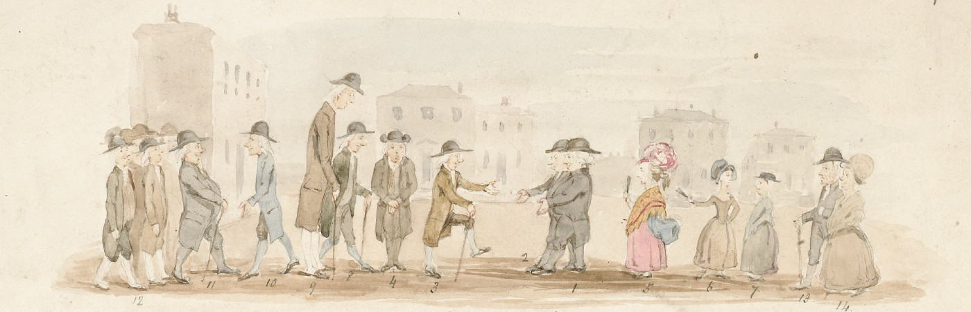 19th century watercolour of worshippers outside church