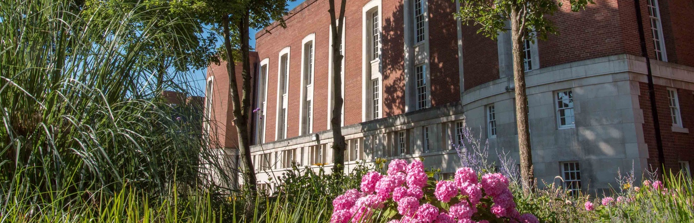 View looking along the front of Main Library with pink flowers in the foreground