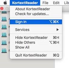 Kortext Reader dropdown menu with sign in selected