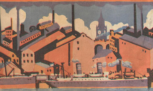 Painting of industrial landscape including factories
