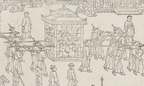 Section of Qing scroll showing a sedan chair carried by 16 people. The dragon suggests it may be transporting the Emperor Kangxi.