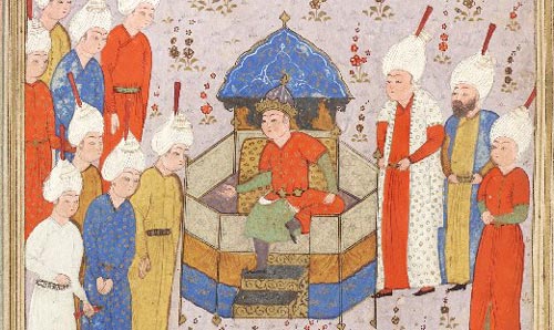 Illustrated: miniature: Enthronement of Minuchihr.