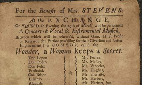 Playbill for Susannah Centlivre’s The Wonder (sometime between 1759 and1770), Manchester Exchange. John Rylands Special Collections R221965