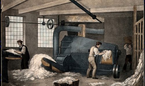 A cotton factory in which a man is feeding raw cotton into a willowing machine. Coloured lithograph after J.R. Barfoot. Wellcome Collection. Public Domain Mark. Source: Wellcome Collection.