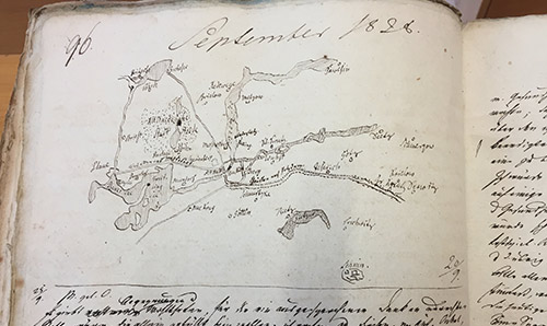 Simon's hand-drawn map of the area around Malchow in Brandenburg