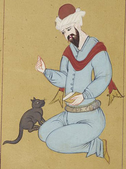 Depiction of a Ḫalvetī şeyḫi, an Ottoman dervish, holding a book and talking to his cat. 