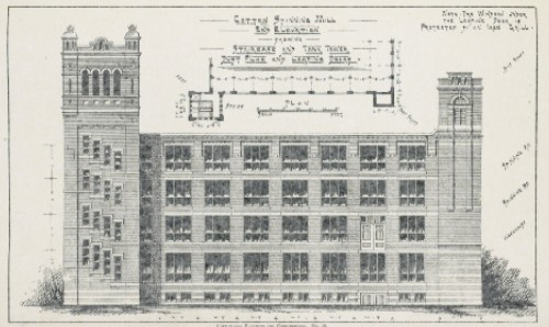 Cotton mill construction plan showing staircase, tank tower, dust flues and loading doors 