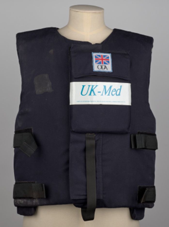Photo of an UK-med flak jacket, c. 1995, Tony Redmon Collection.