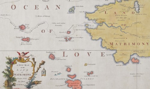 Thematic map in colour showing land of matrimony and ocean of love. 