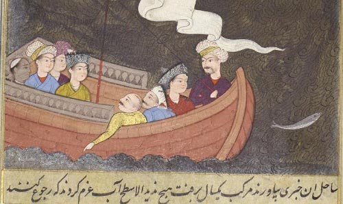 Artwork depicting people in a boat