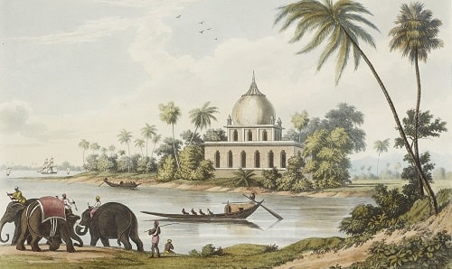 View of the Ganges, with elephants and a domed ancient tomb