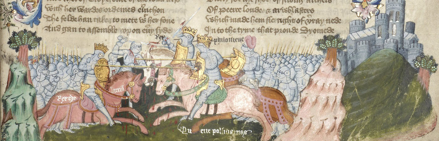 John Lydgate's Troy Book, battle of Greeks and Trojans, shown as medieval knights in armour