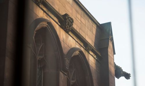 View of the exterior of John Rylands Library from a window 