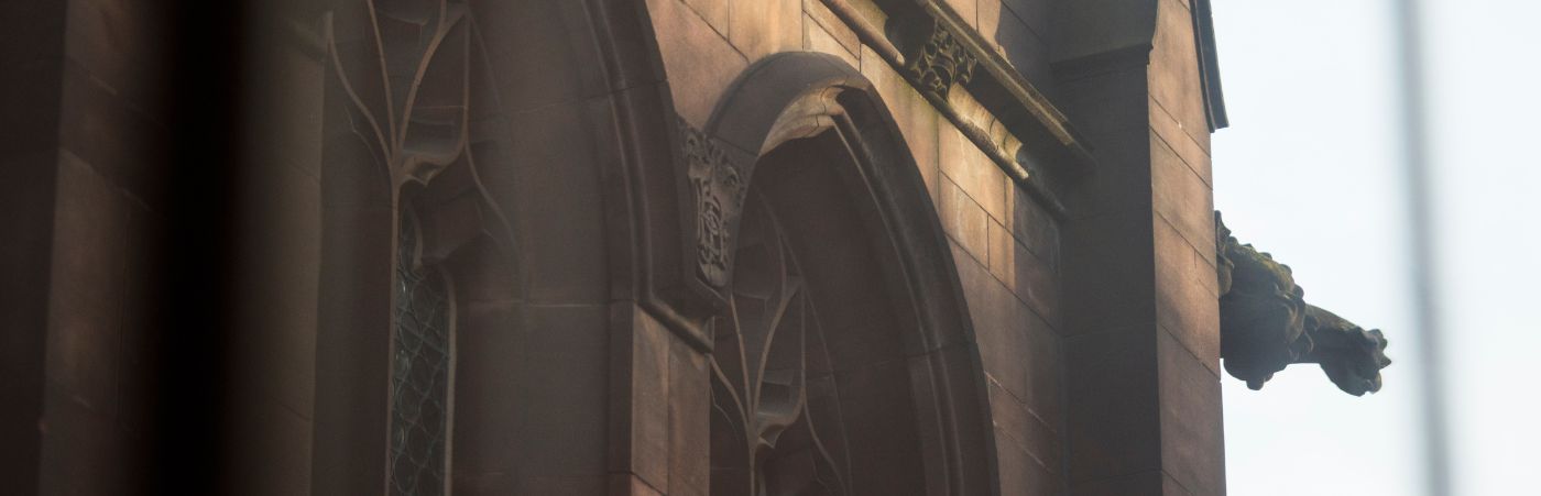 View looking out a window to the exterior of the John Rylands Library