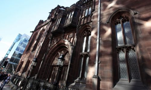 View of the exterior of the John Rylands Library from Deansgate