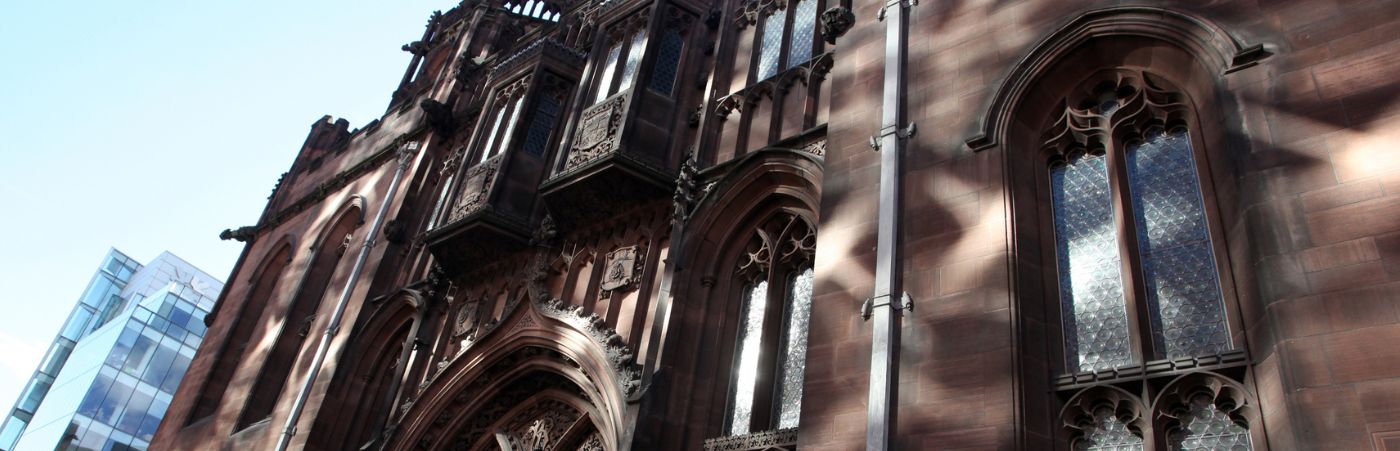 Close up view of a section of the exterior of the building on Deansgate