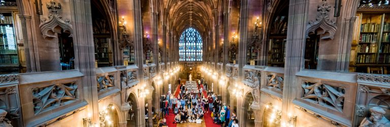 View over the historic reading room during a public event at Rylands