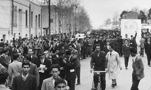Black and White photograph of an Iranian protest march