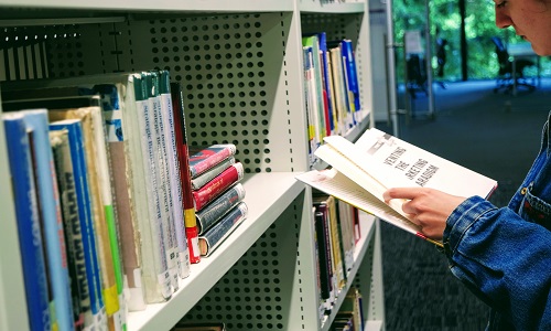 Person looking at book off a library shelf